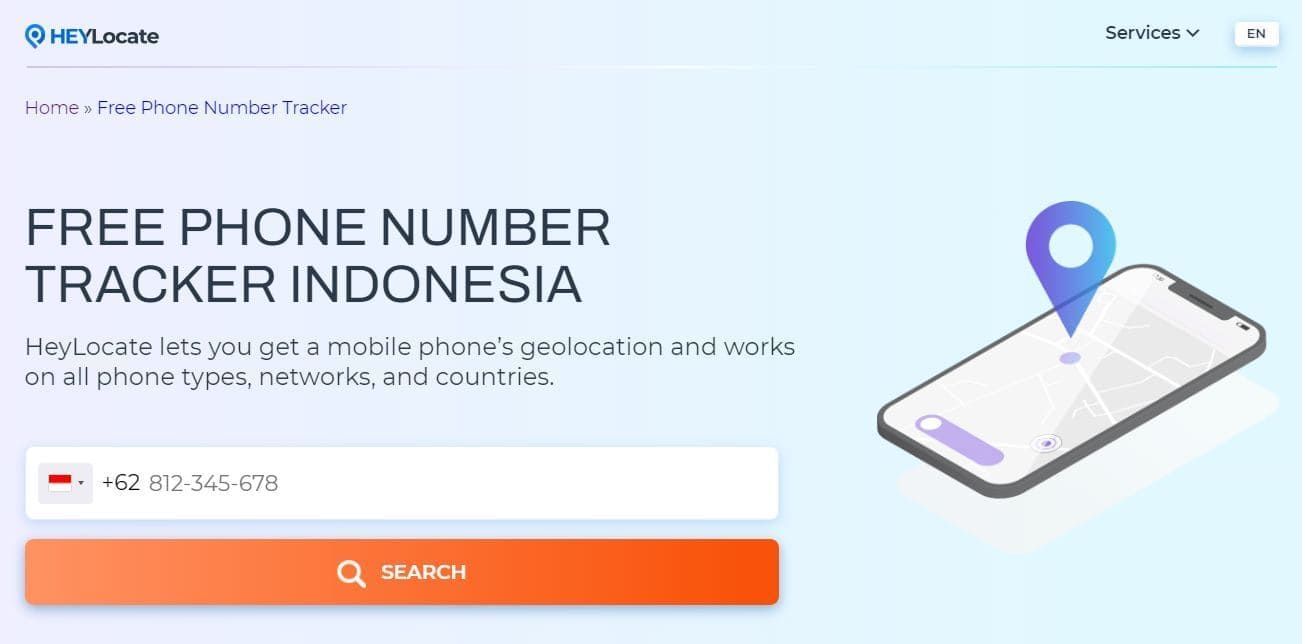 Heylocate free phone number tracker Indonesia home page with the form to type in number and find the location for free