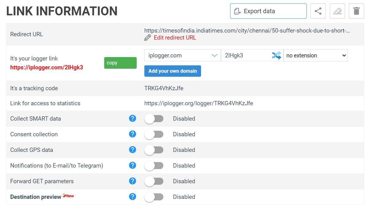 An image of shortened URL with tracking code on IPLogger