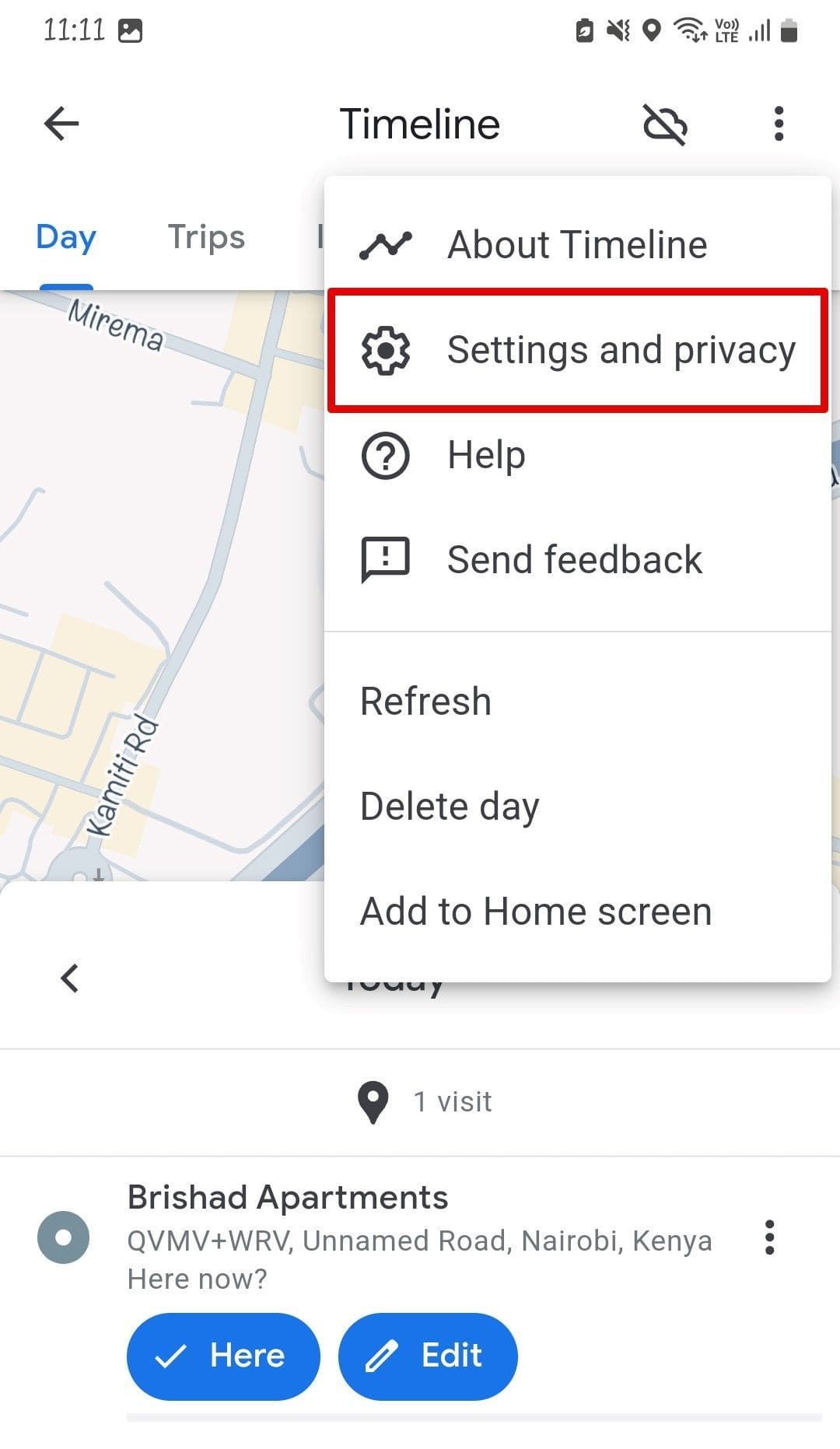 An image of Settings and Privacy option on Google Maps