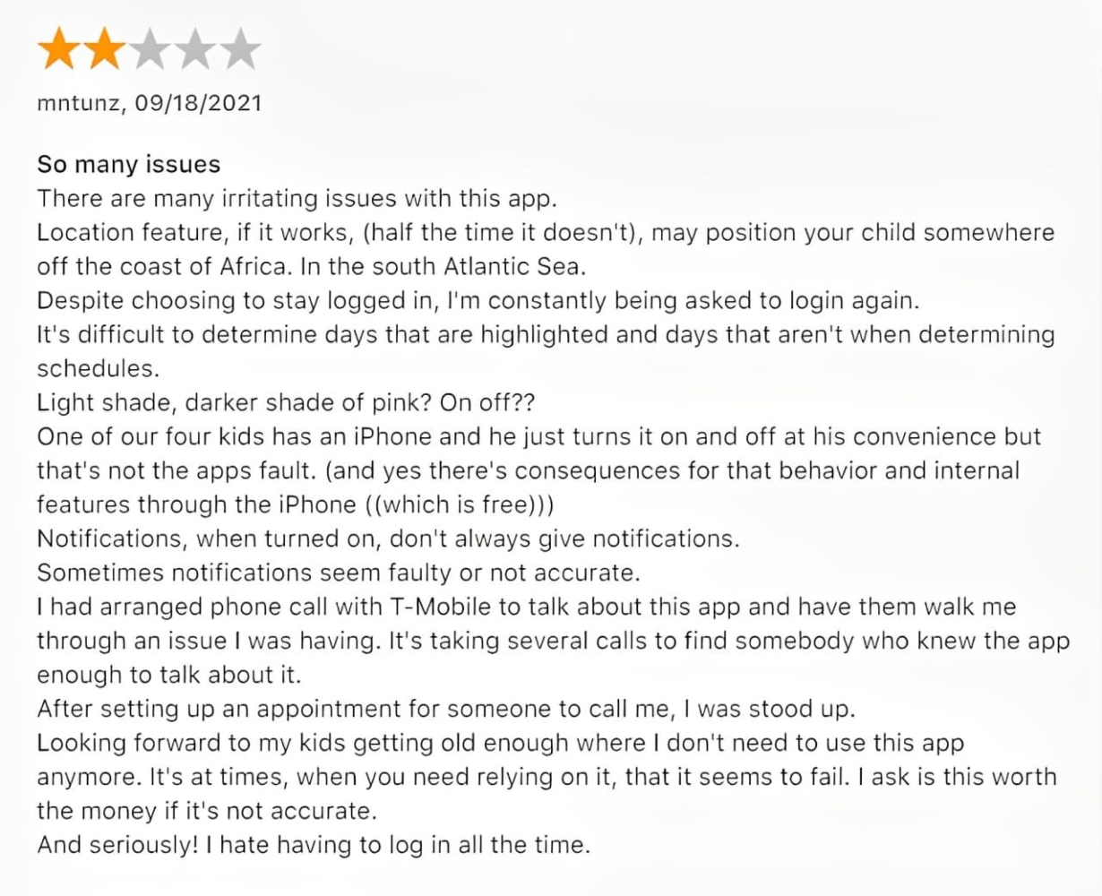 An image of a negative user review of T-Mobile parental controls