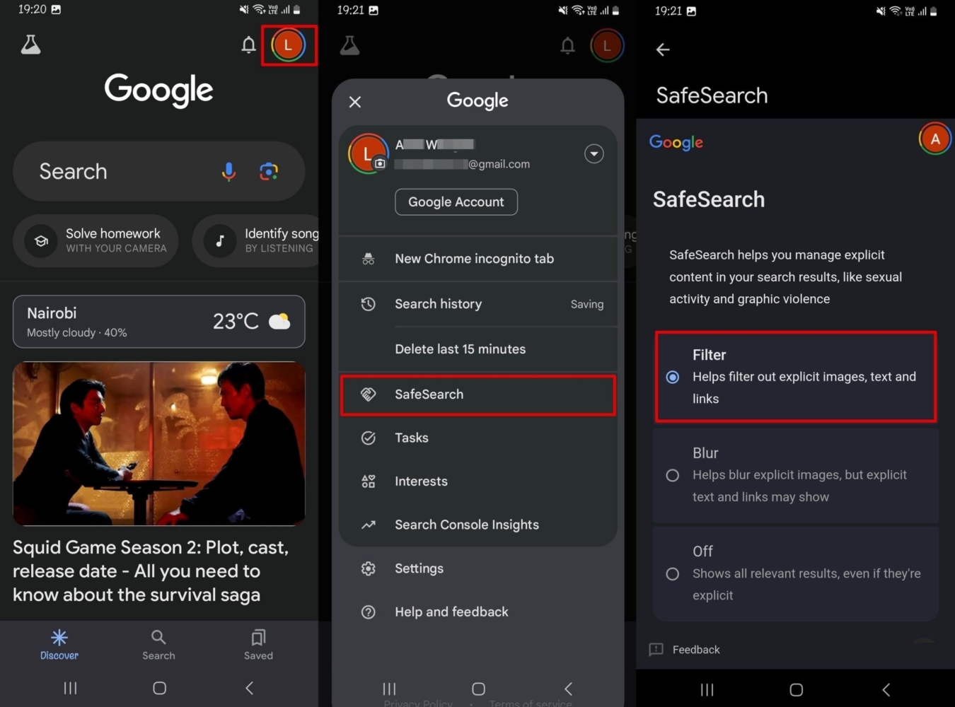 An image of enabling SafeSearch on Google app