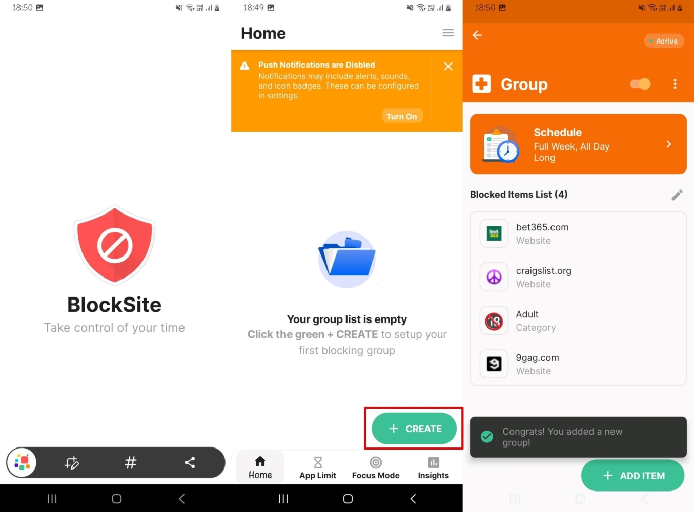 An image of using BlockSite to block a website on Android