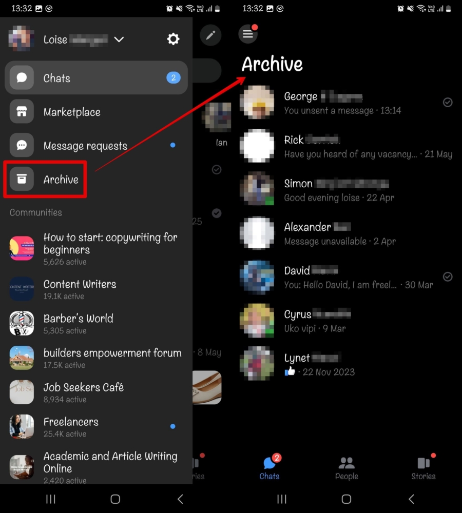 An image of how to access Archived chats on Messenger