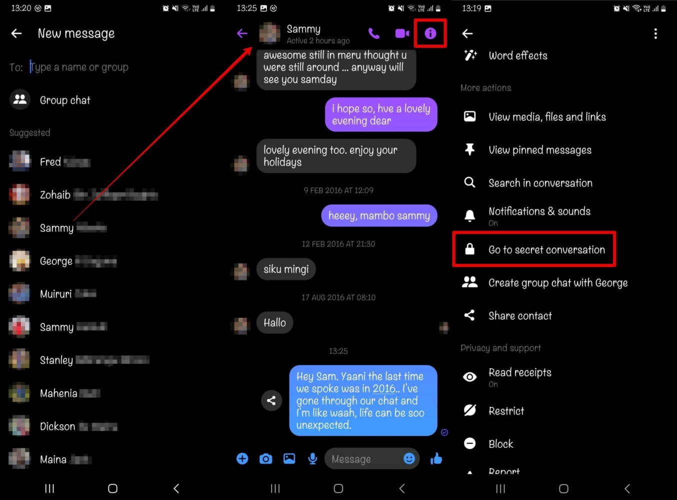 An image of how to turn on secret conversation on Messenger