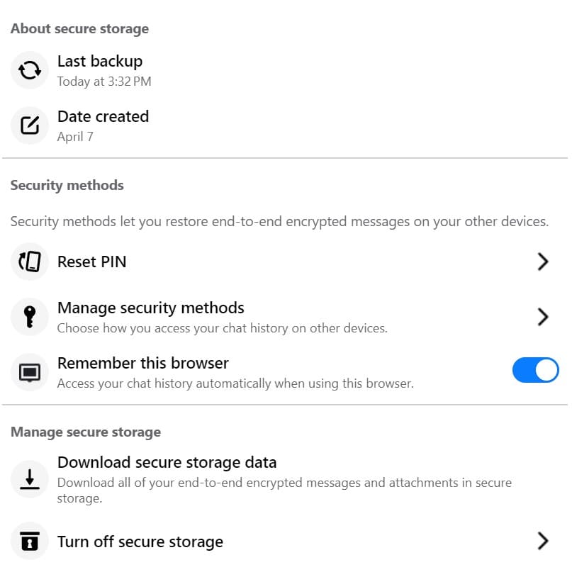 An image of turning on secure storage on messenger.com