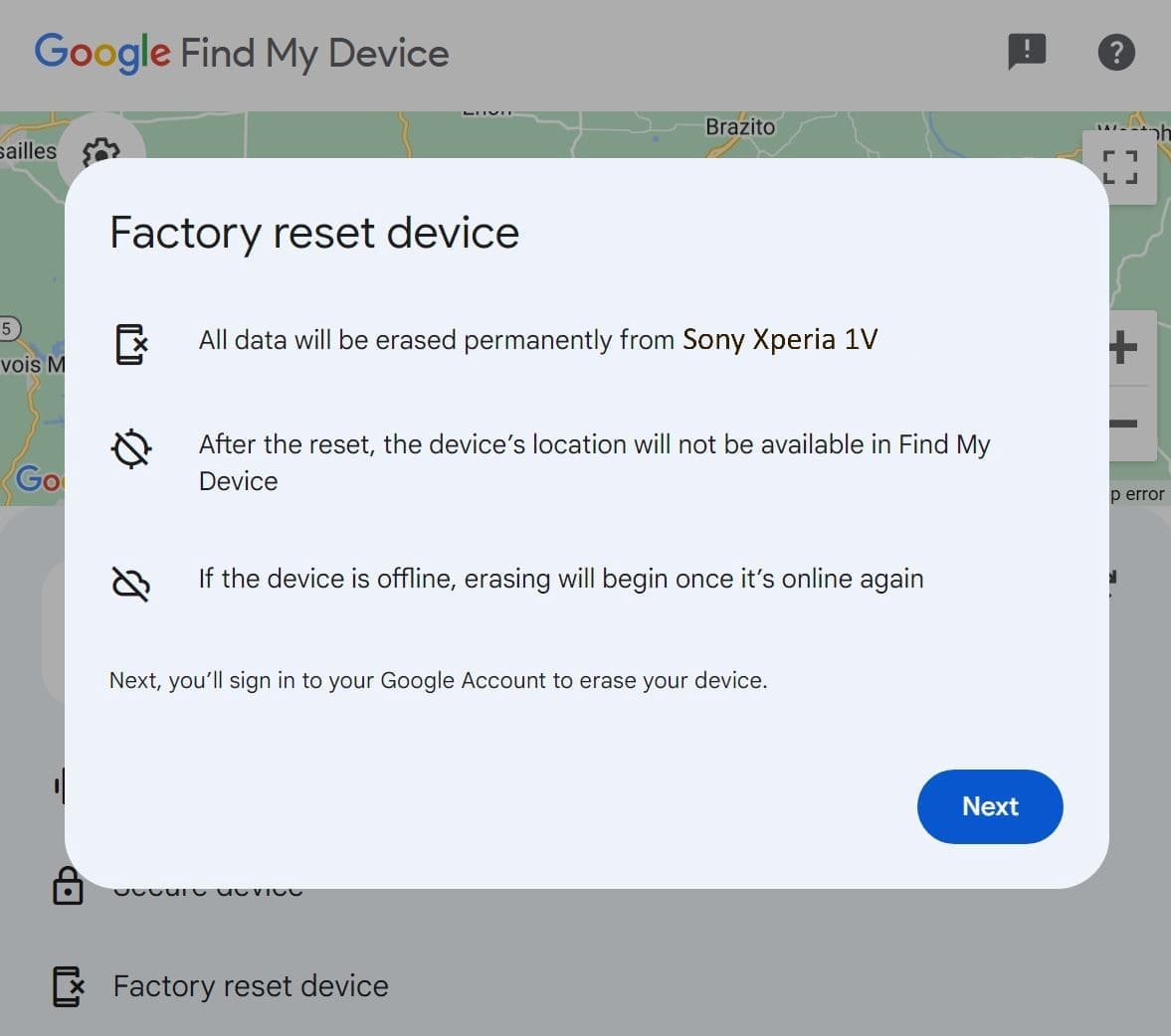 Use the Factory Reset Device function to erase all data on your Sony phone