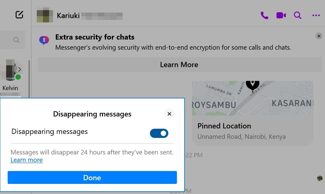 An image of turning on disappearing Messages on Messenger