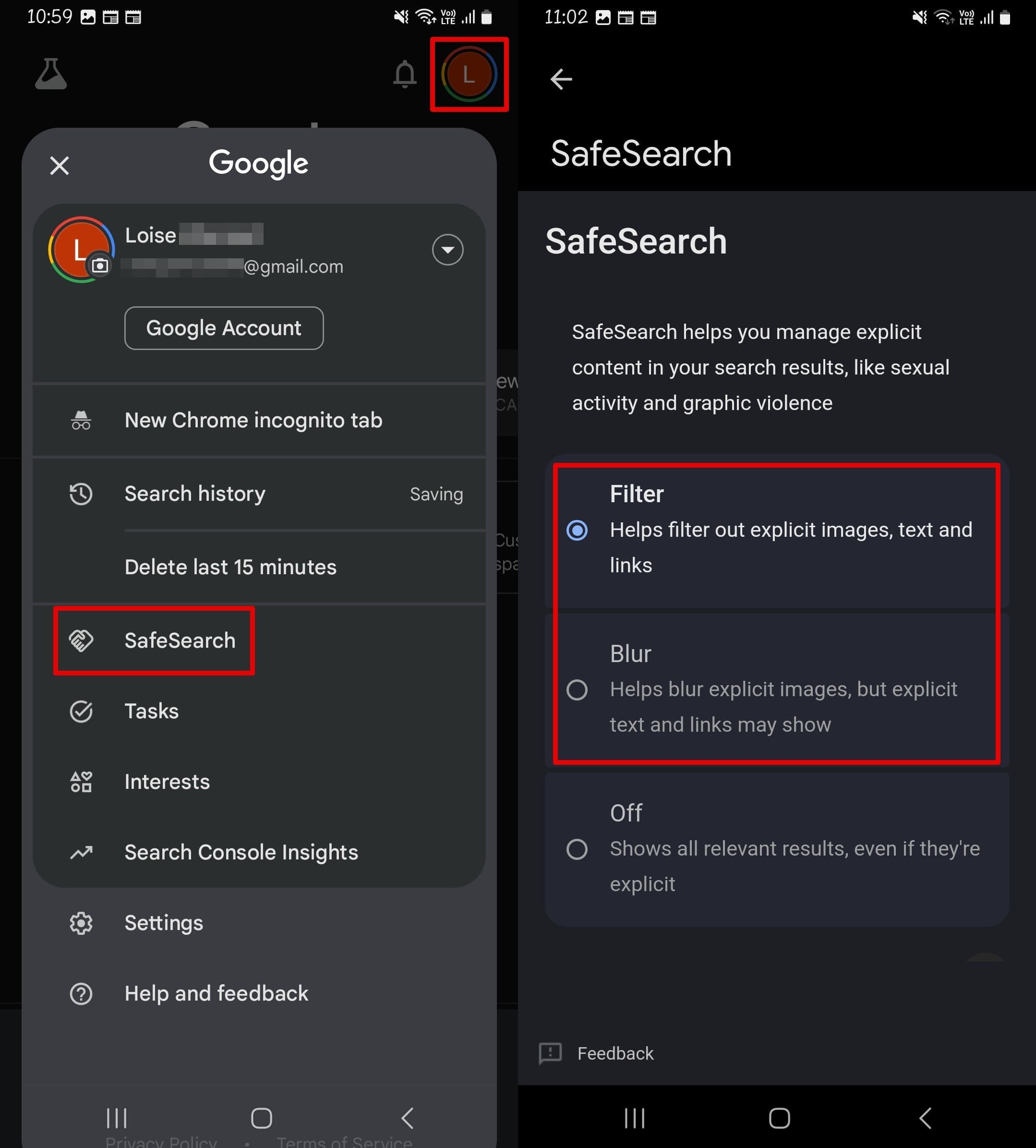 An image of how to turn on Safe Search on Google app
