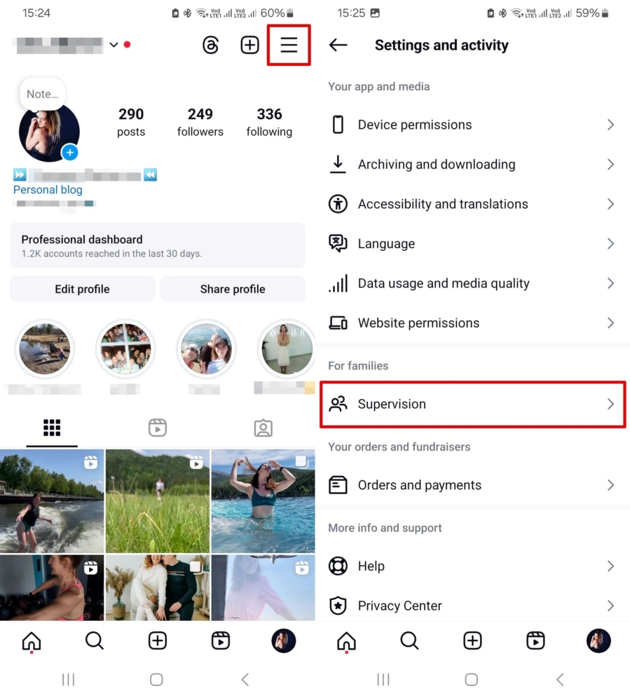 Steps of opening the Supervision tab in the For families section on Instagram