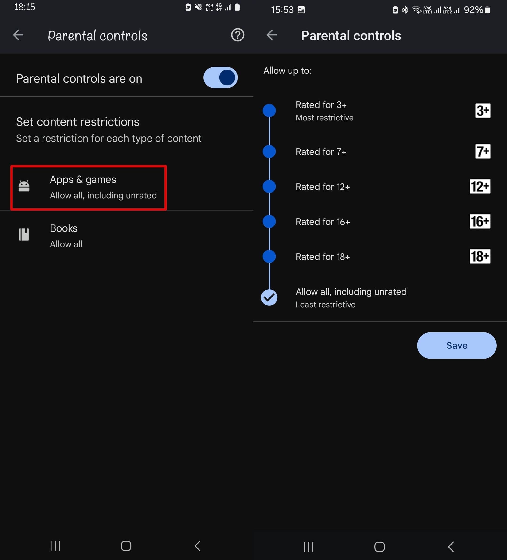 An image of how to turn on parental controls on Google Play Store