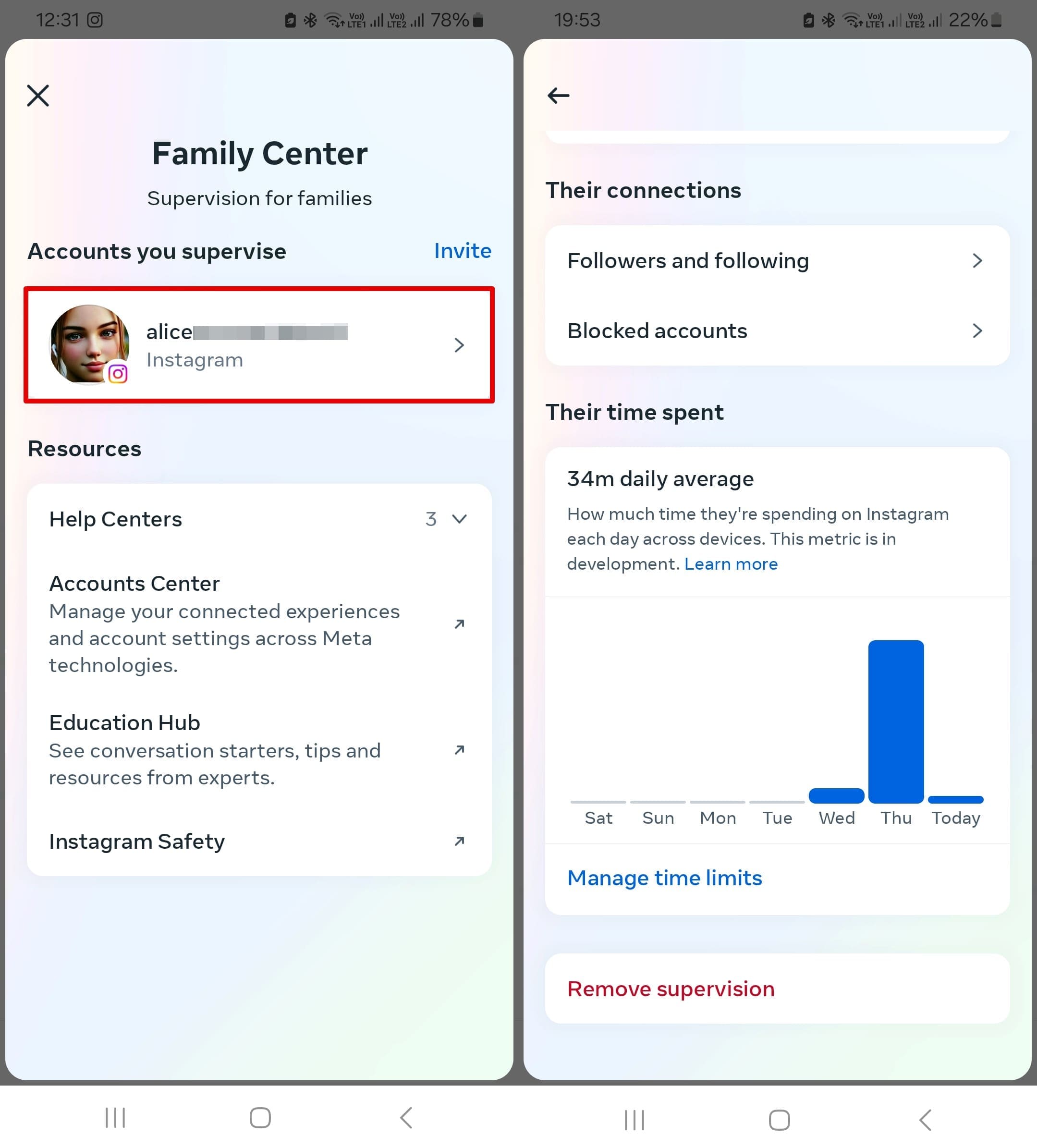 View to select an account to monitor in the Family Center