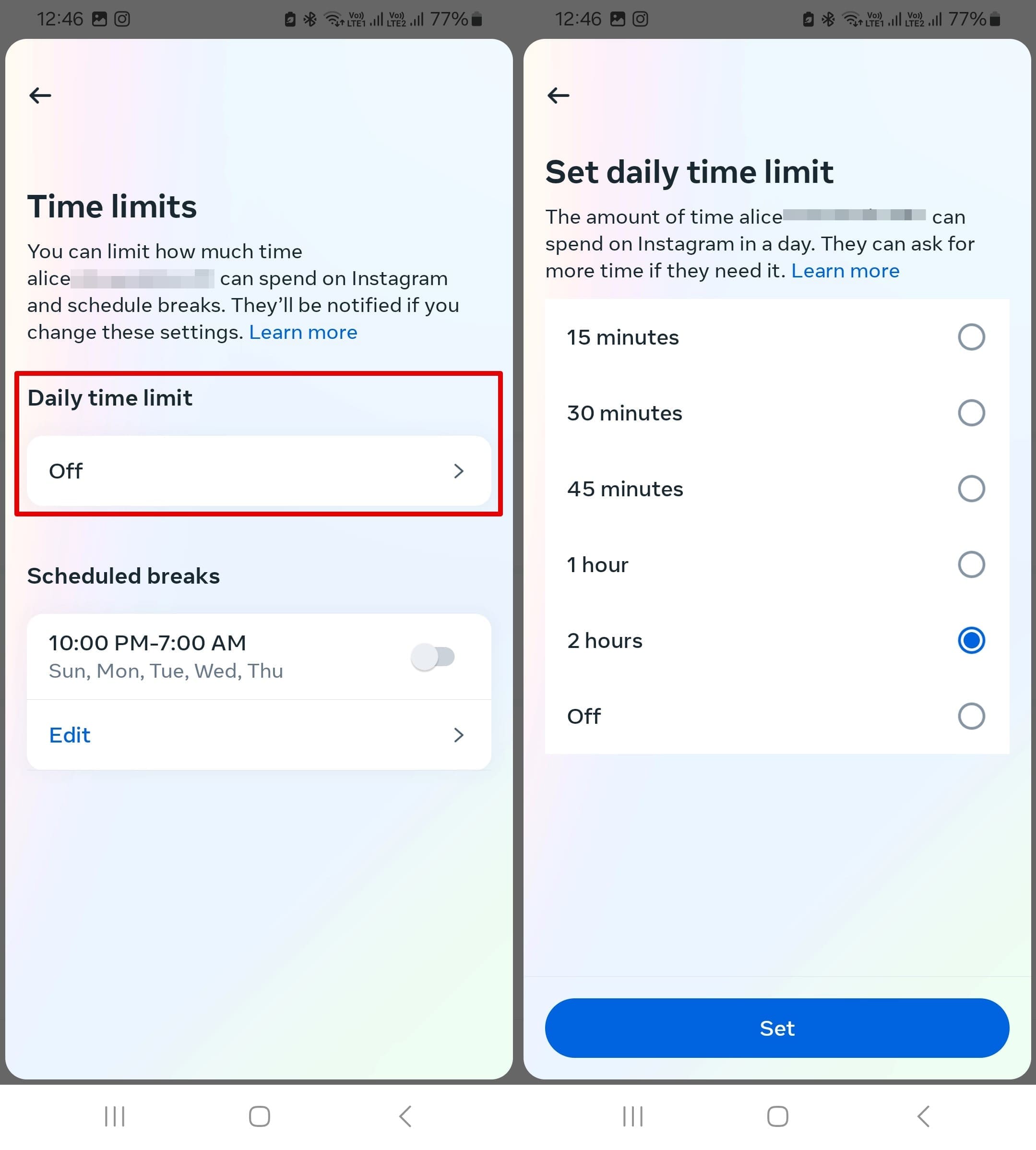 Information about setting time limits through the Family Center