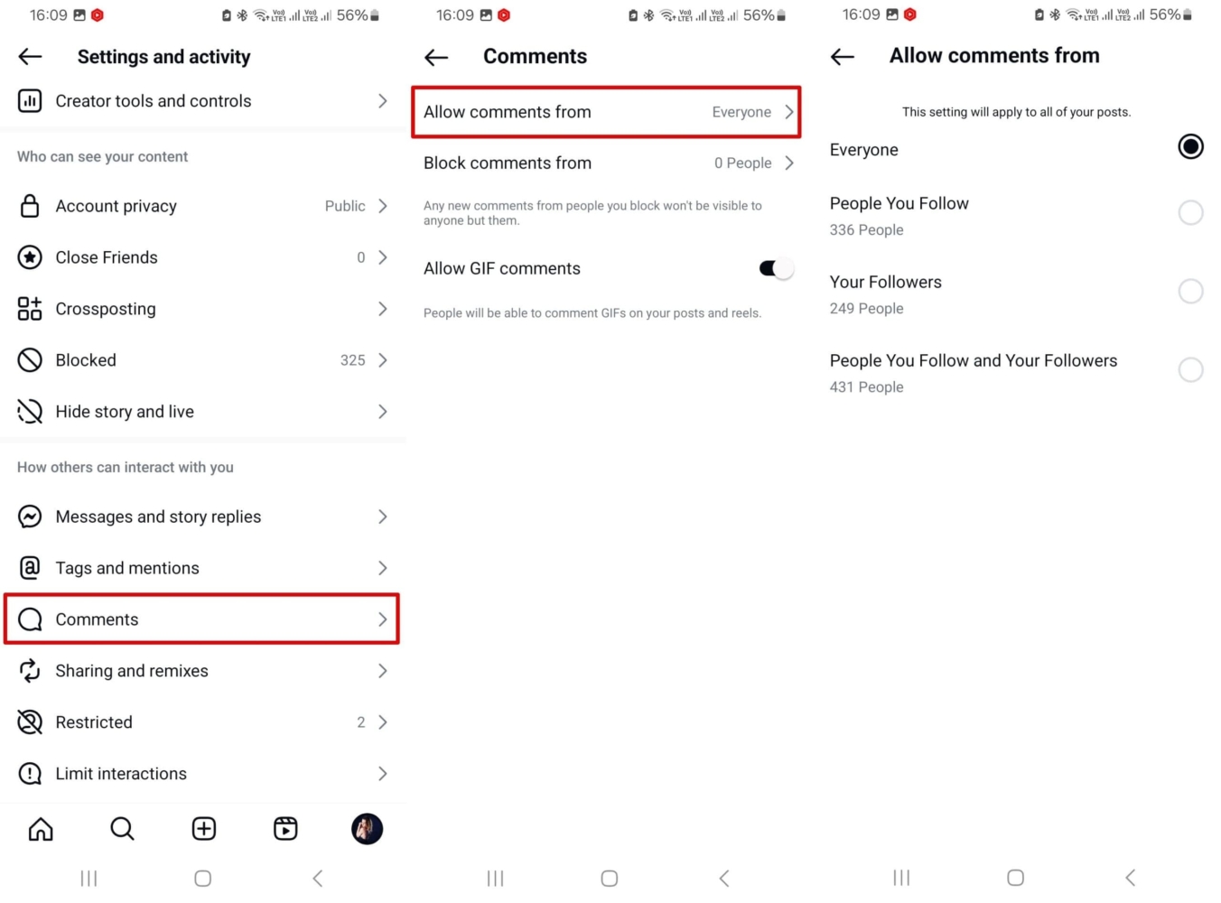 View the settings to control who can comment on Instagram posts