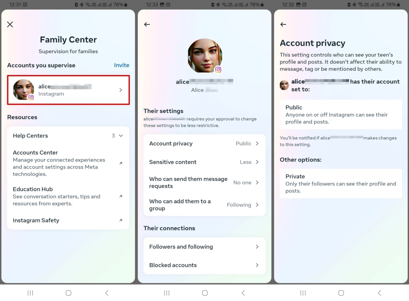 Viewing settings after accepting a surveillance request at the Family Center