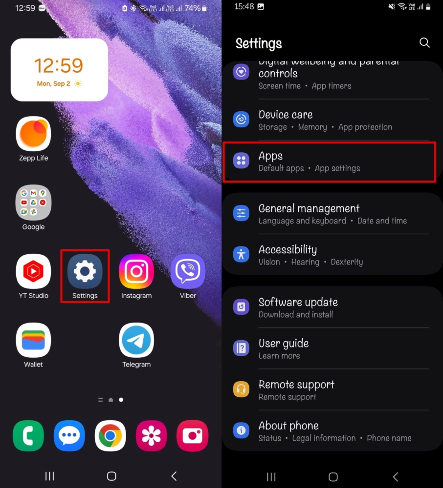 Opening applications in the Android settings