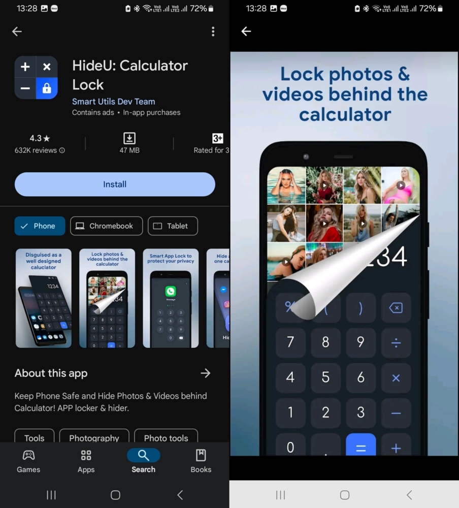 Screenshots of HideU application in Google Play