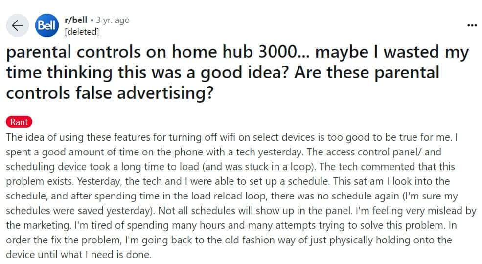A Bell customer complaint about false advertising concerning parental controls on Bell reddit forum