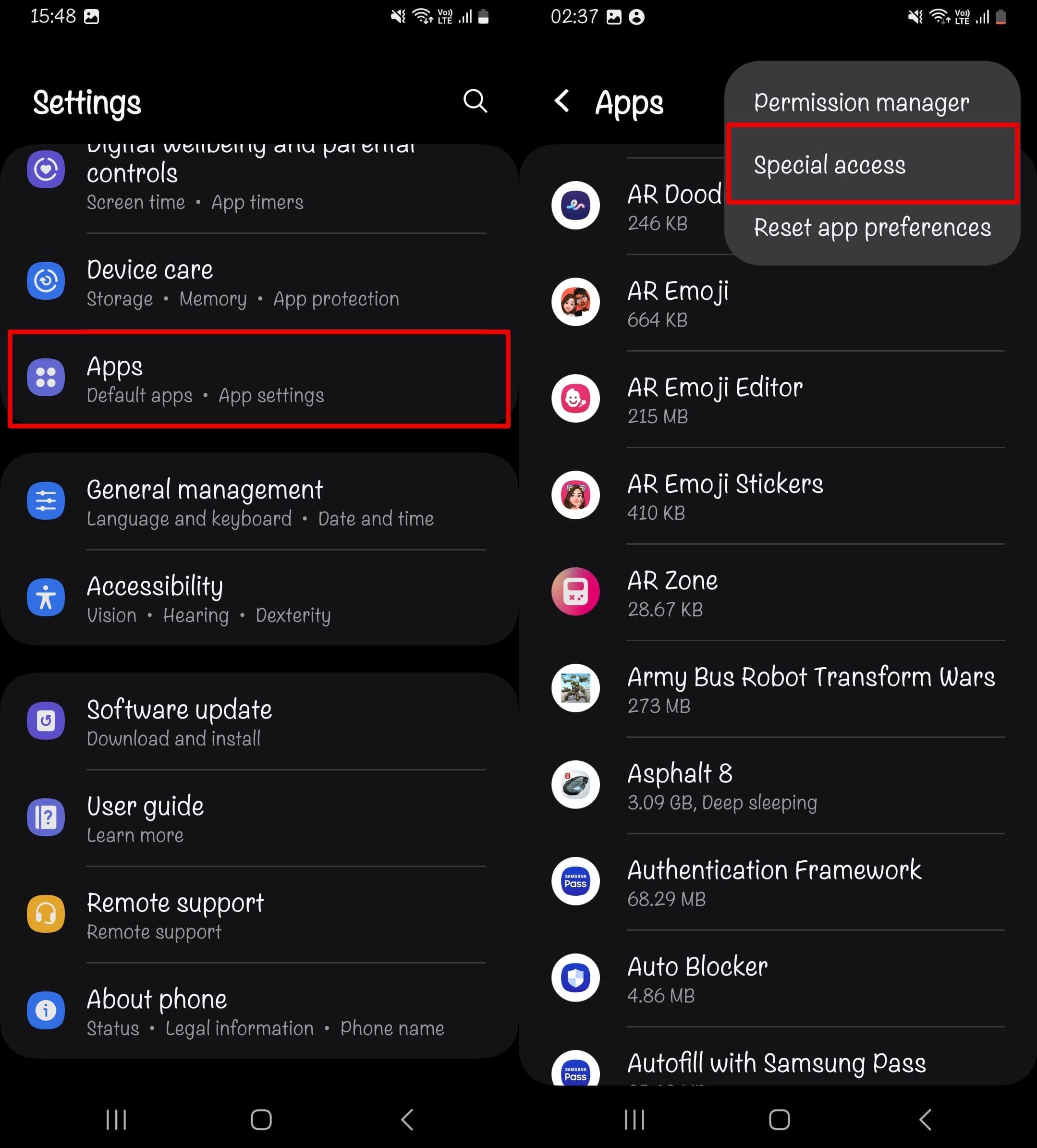 Image of how to open special access in settings on Android
