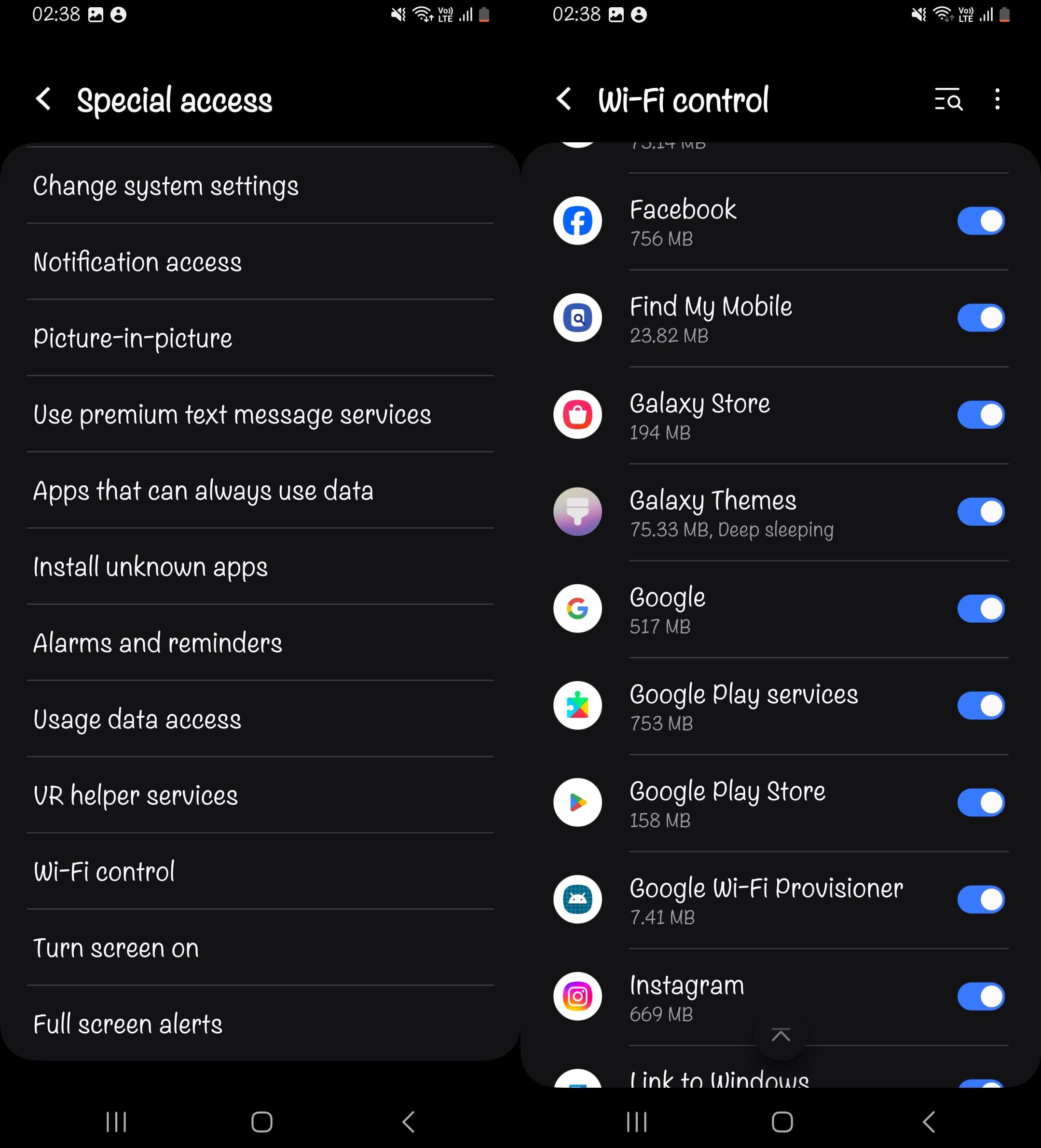 An image of using the Special Access feature to find hidden apps on Android