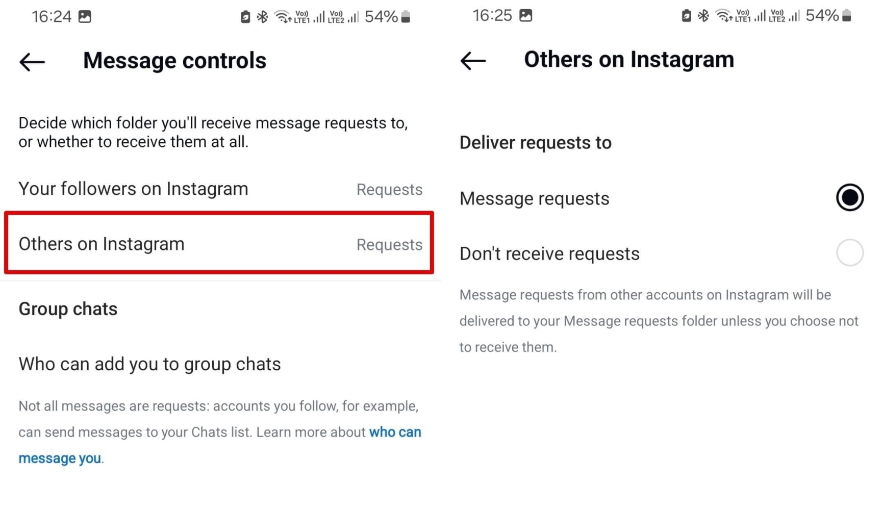 Settings in the Message controls section of Instagram