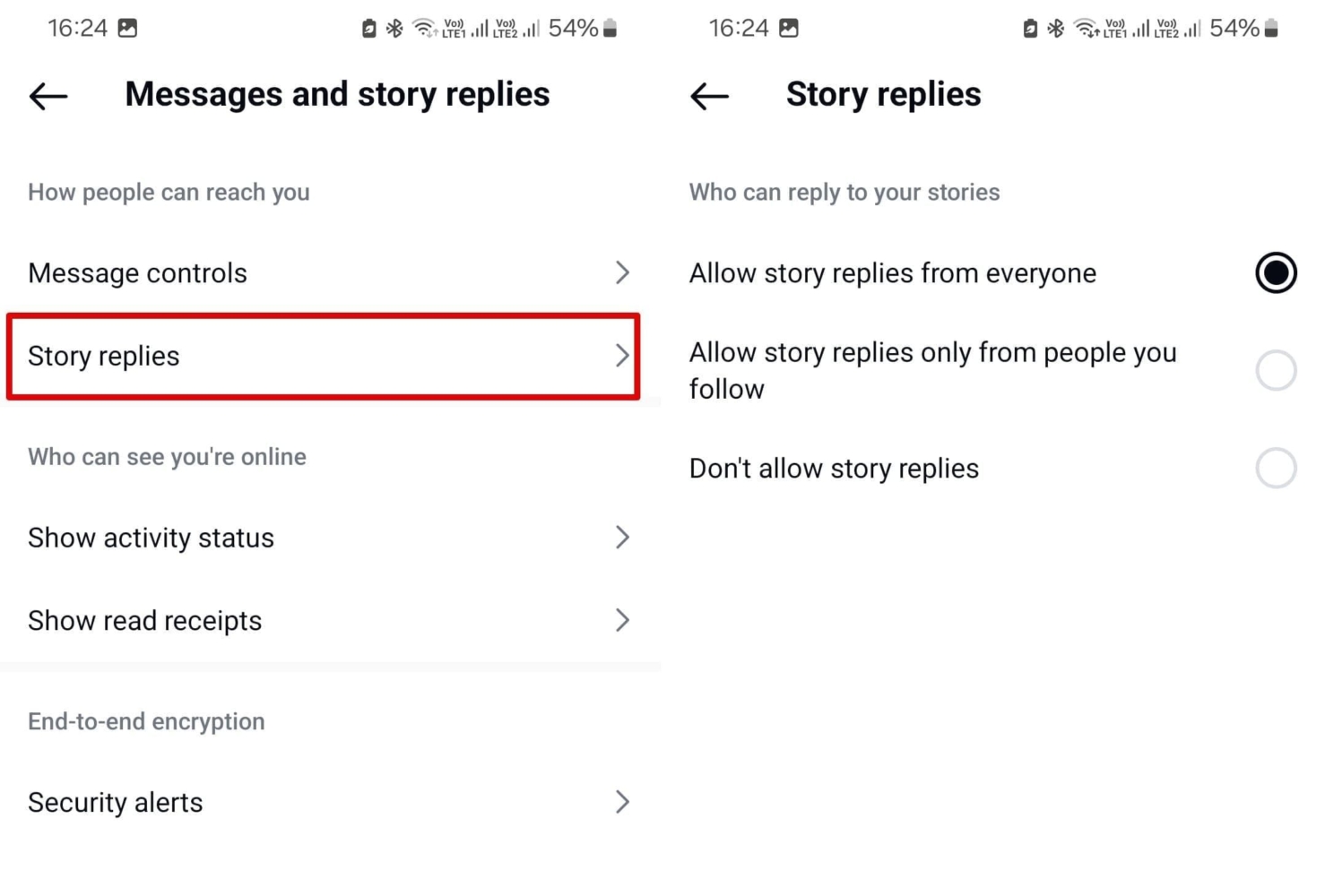 Settings in the Story replies section of Instagram