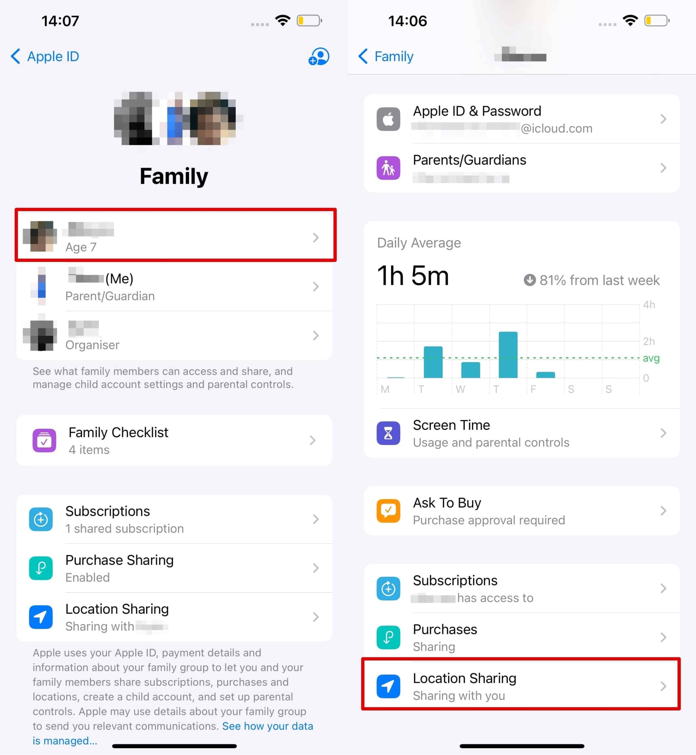 Function settings for tracking member phone activity in a Family Sharing