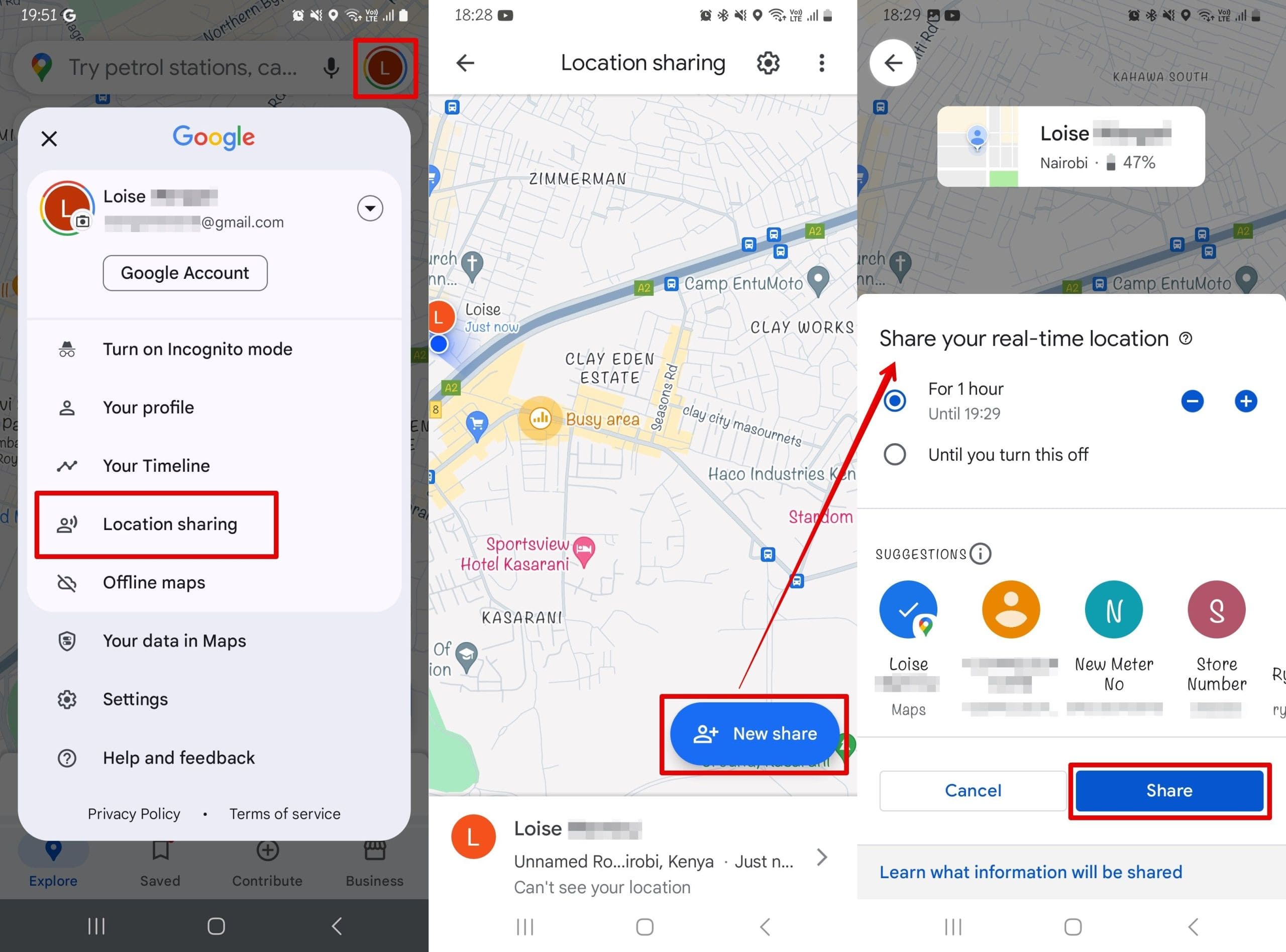 Steps for location sharing on Google Maps starting from the menu selection of location sharing > New Share > and Share option