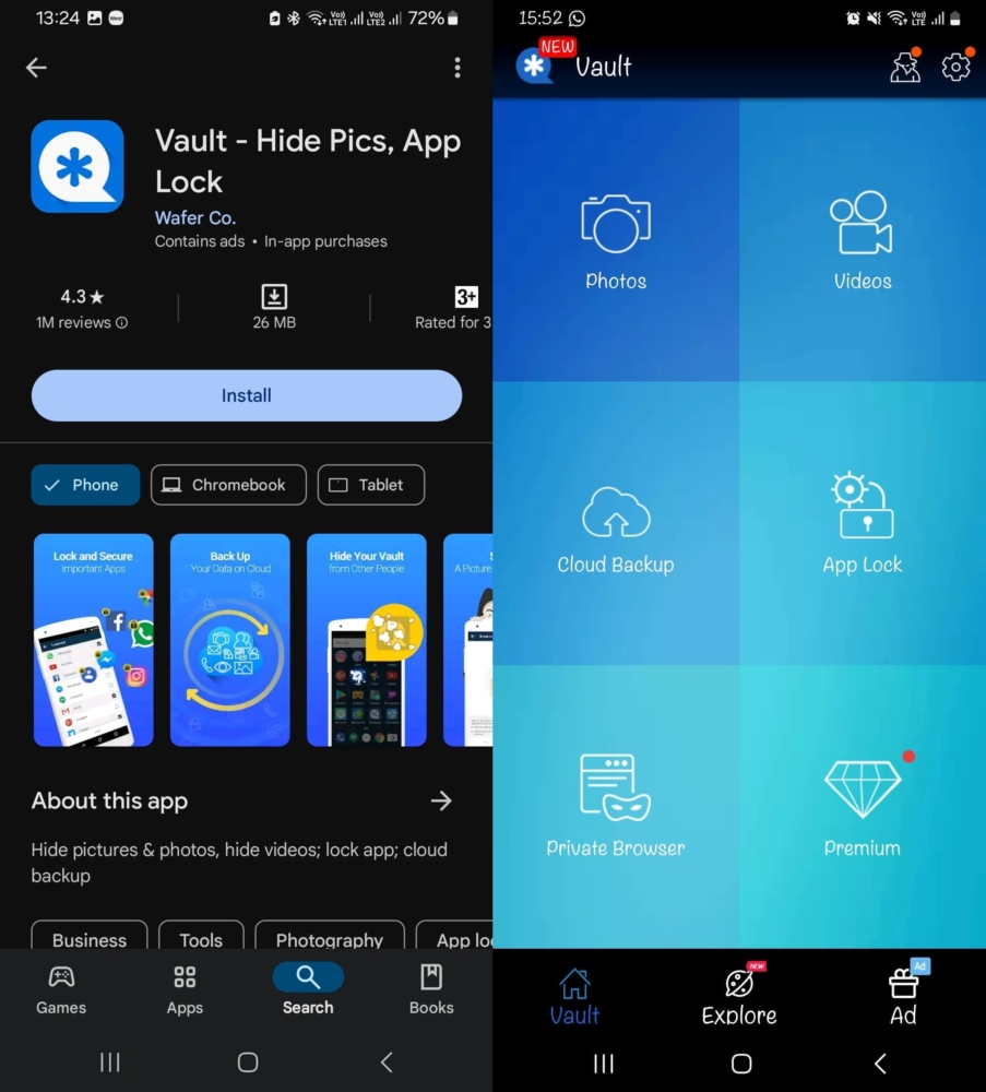 Screenshots of the Vault Hide app on Google Play