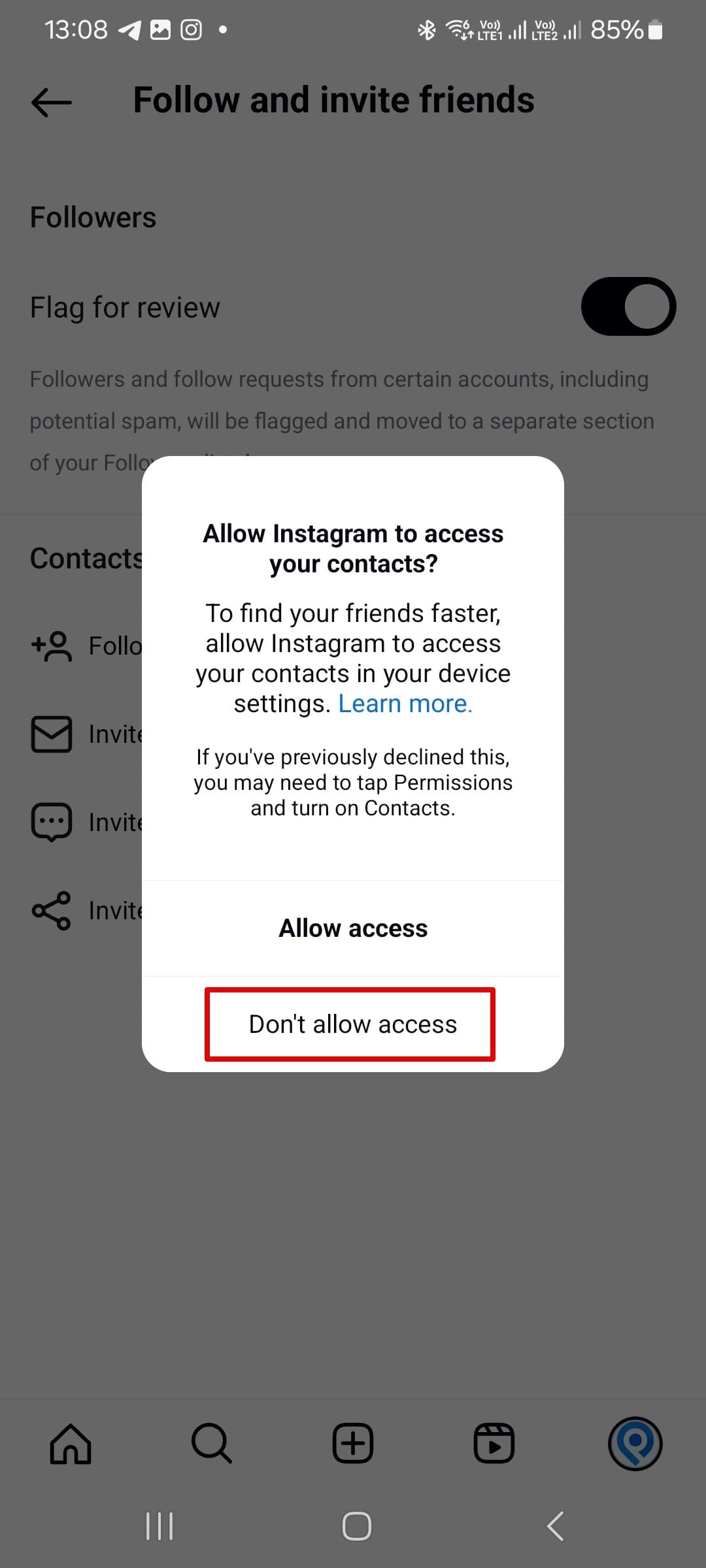 Rejecting permission to synchronize your contacts