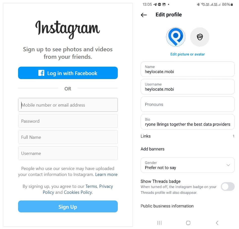 Instagram account registration and bio settings page