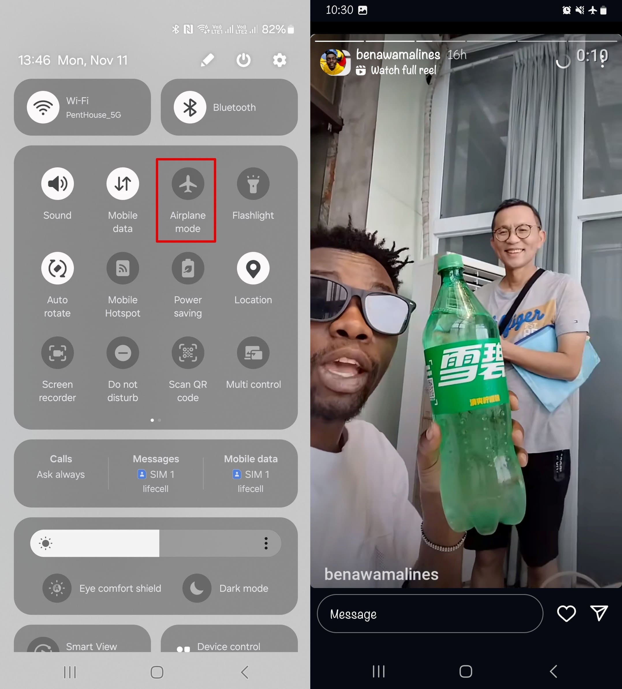 Instagram stories in Airplane mode showing the first two stories that loaded on an Instagram account