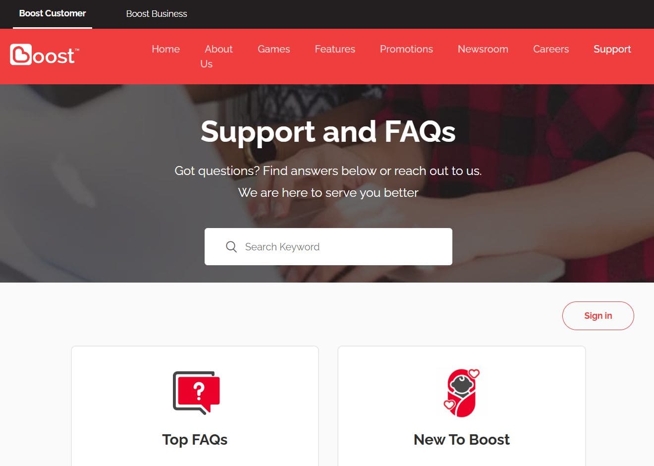 View of Boost Mobile customer support page