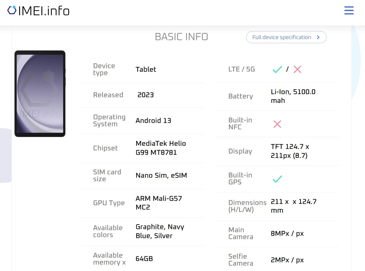 IMEI.info IMEI check report with a device’s details