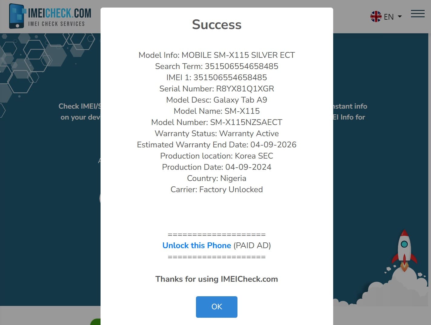 IMEI.com report of an IMEI check with a device’s information