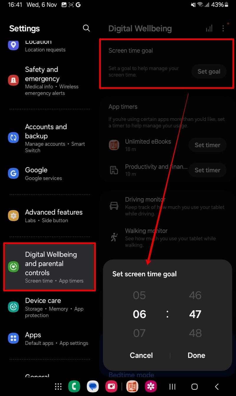setting up a screen time goal in digital wellbeing on Galaxy tablet