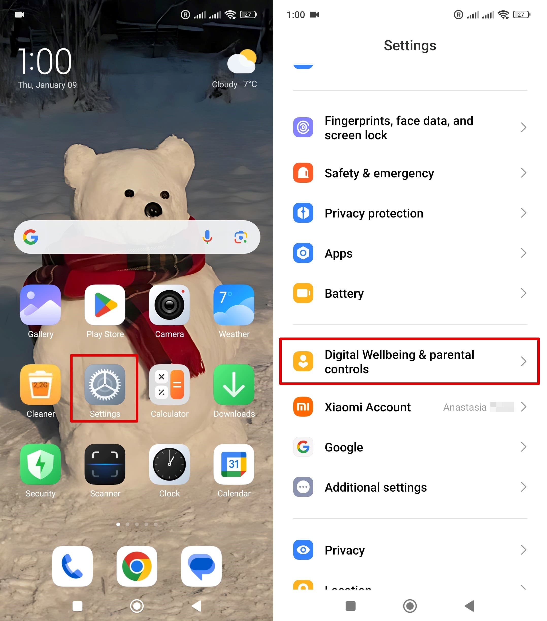 Xiaomi phone screen with Settings icon and its options including Digital Wellbeing and parental controls