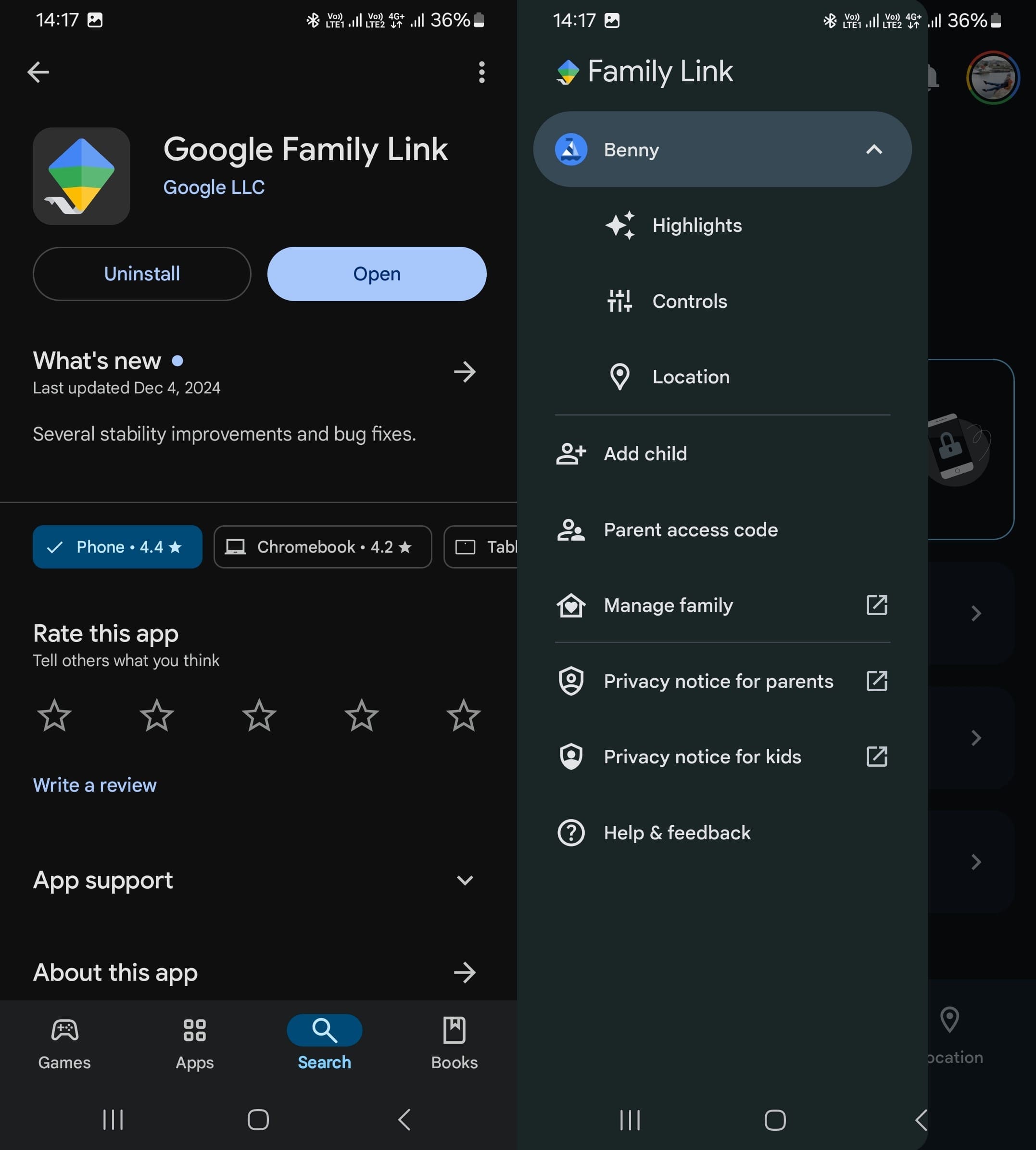 View of the Google Family Link home page in Google Play with a button to install it on your phone