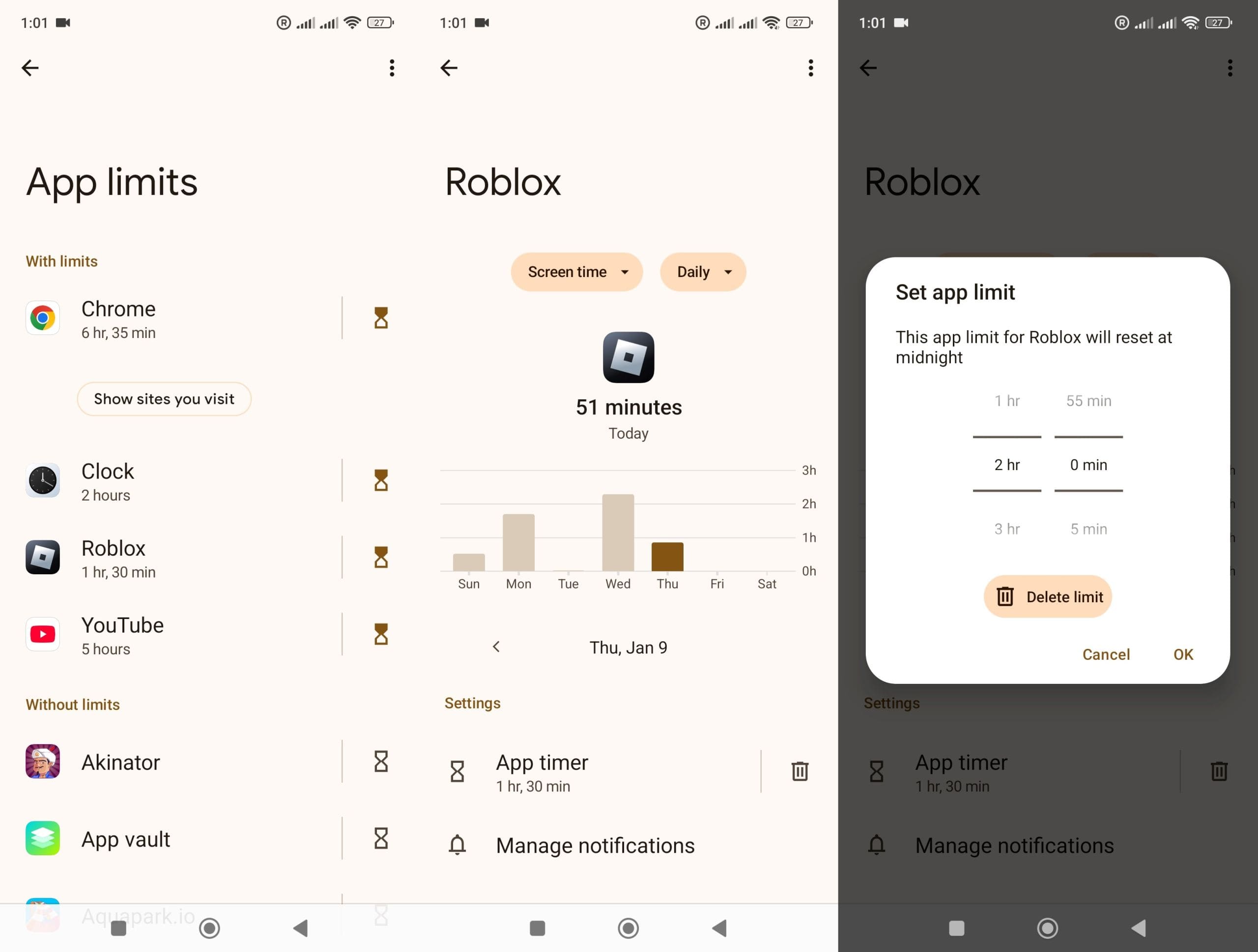Step-by-step view on how to set up app limits on Xiaomi phone through Digital Wellbeing