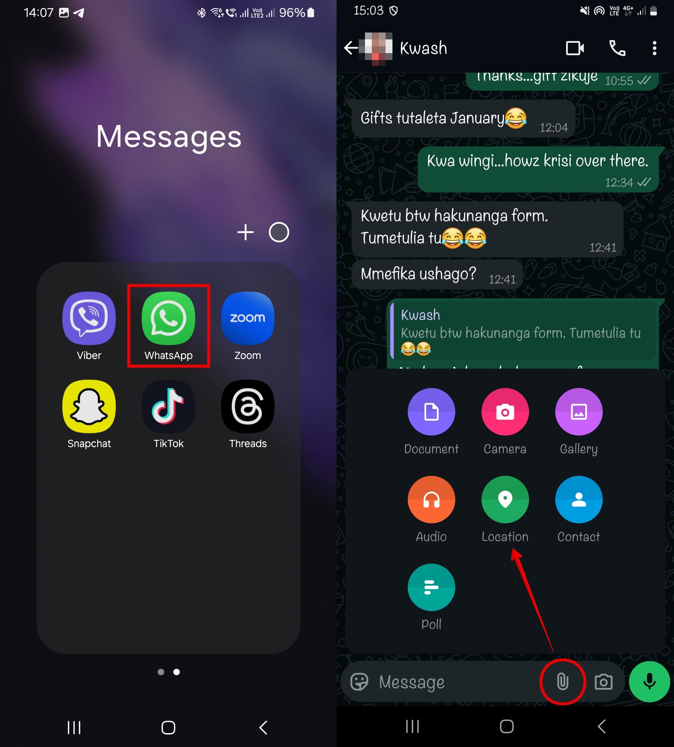 To share a location in whatsapp, go to the whatsapp application - next to the message field, click the paper clip icon - click Location
