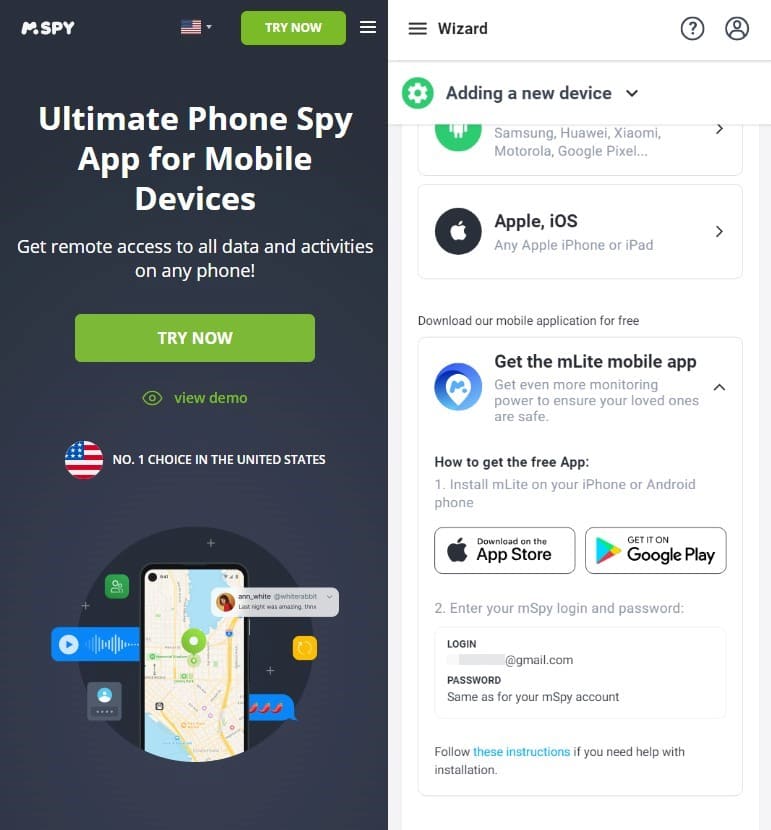 Screenshot of the mSpy website home page and selecting a target phone (android or apple-ios)