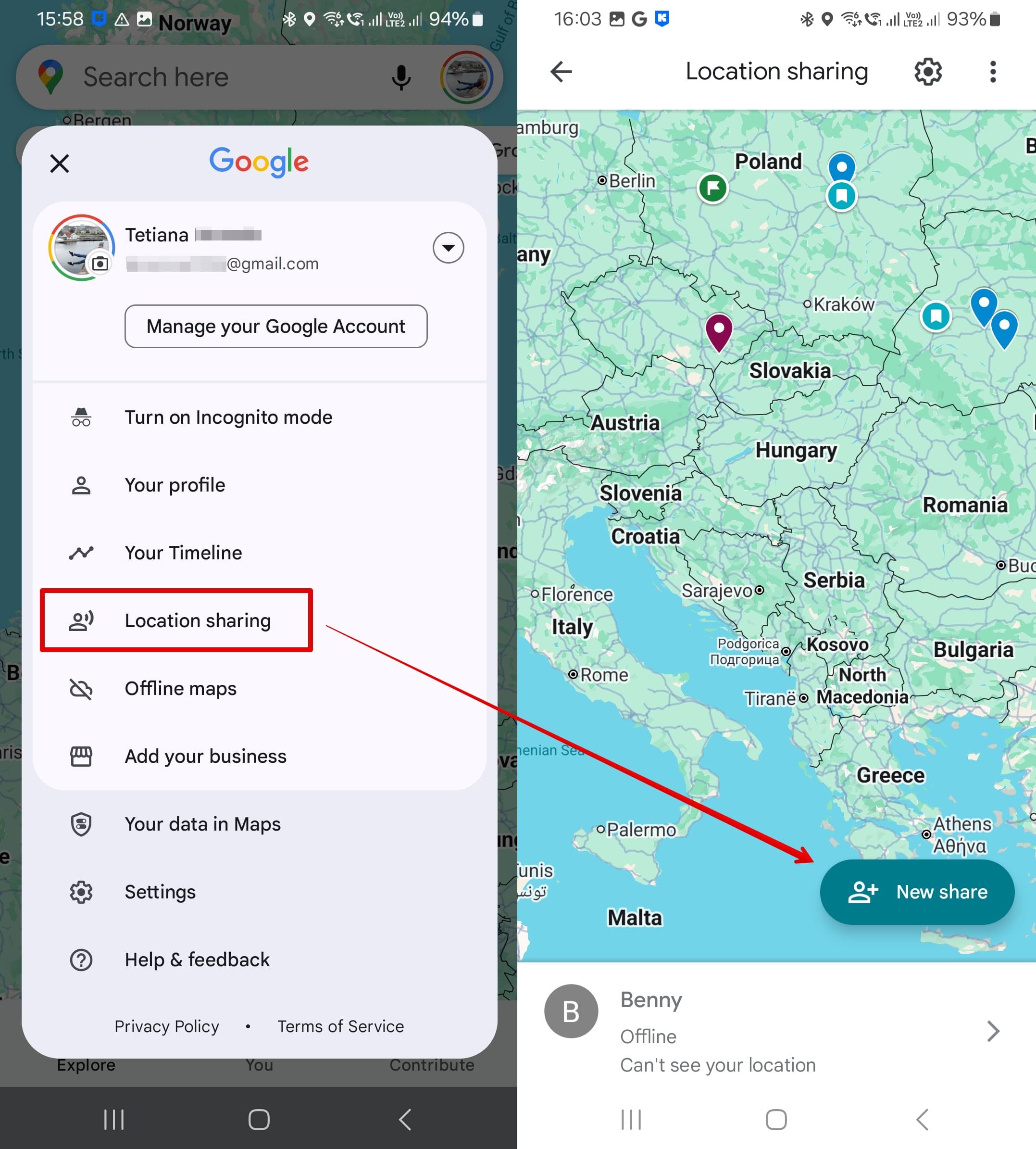 Go to the Google Maps application - photo avatar - Location Sharing - New Share