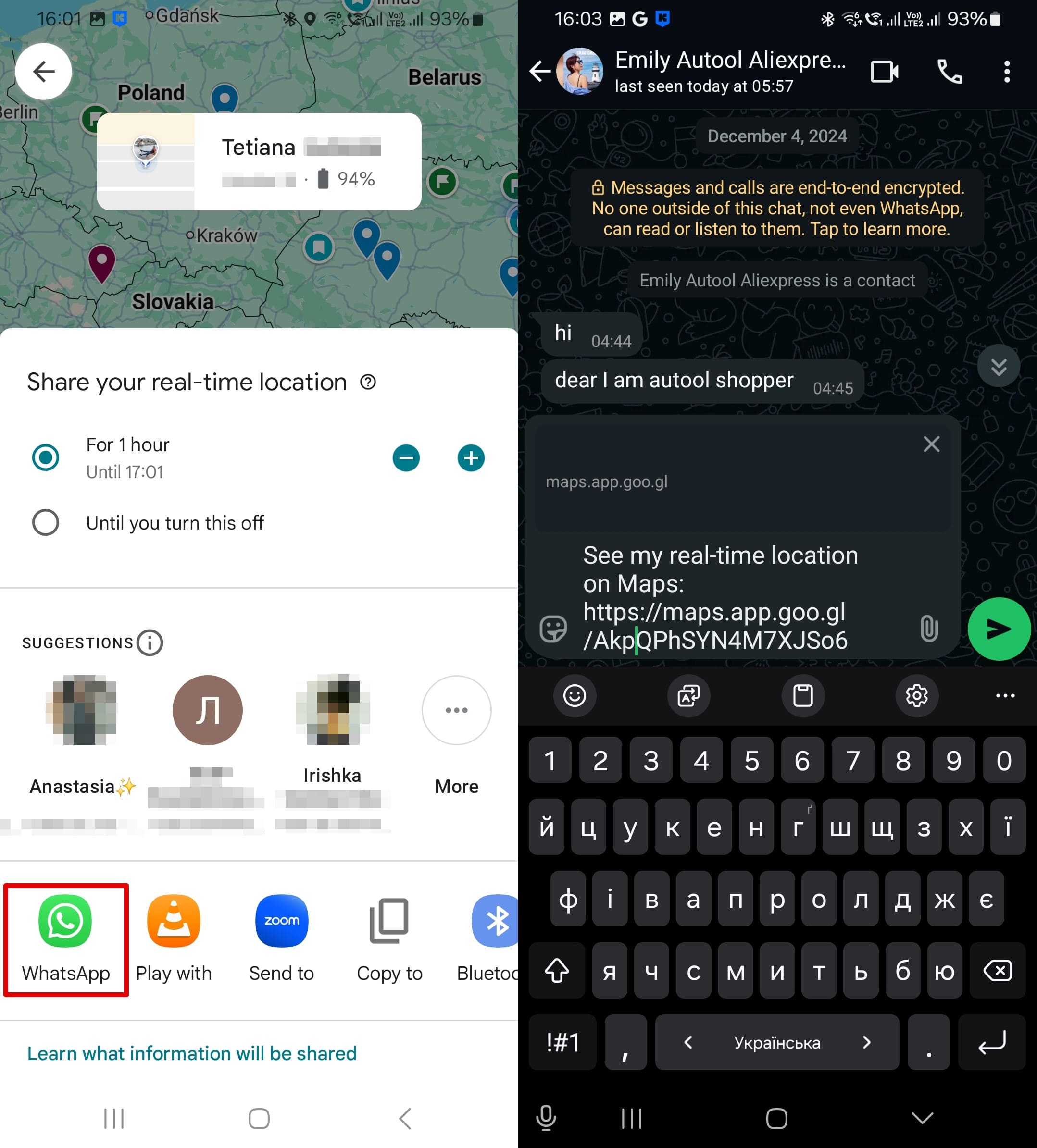 Choosing a way to send the location via Google map and a contact to send a message