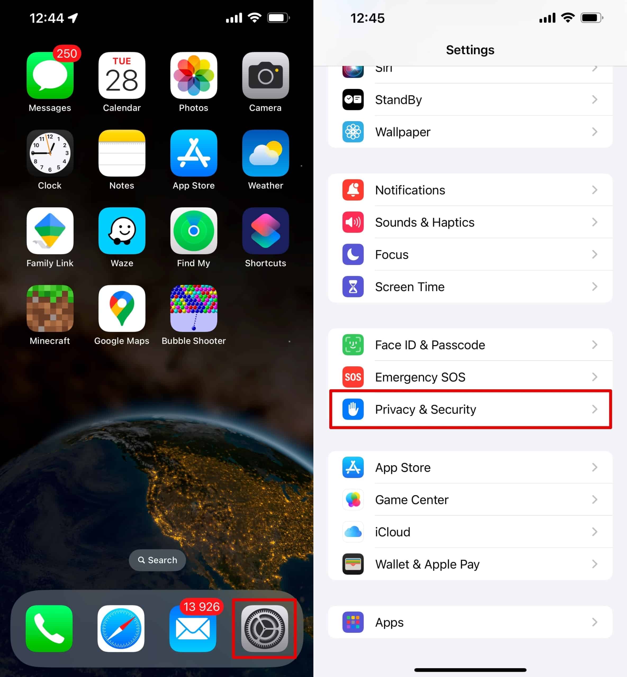 Open iPhone settings - scroll to Privacy & Security, click on it