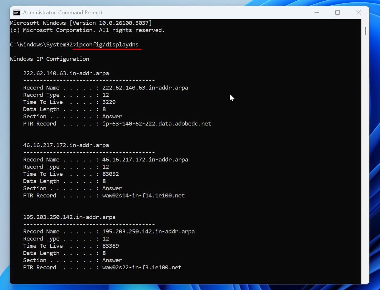 Command prompt window and list of domains visited in form of IP address from DNS cache results.