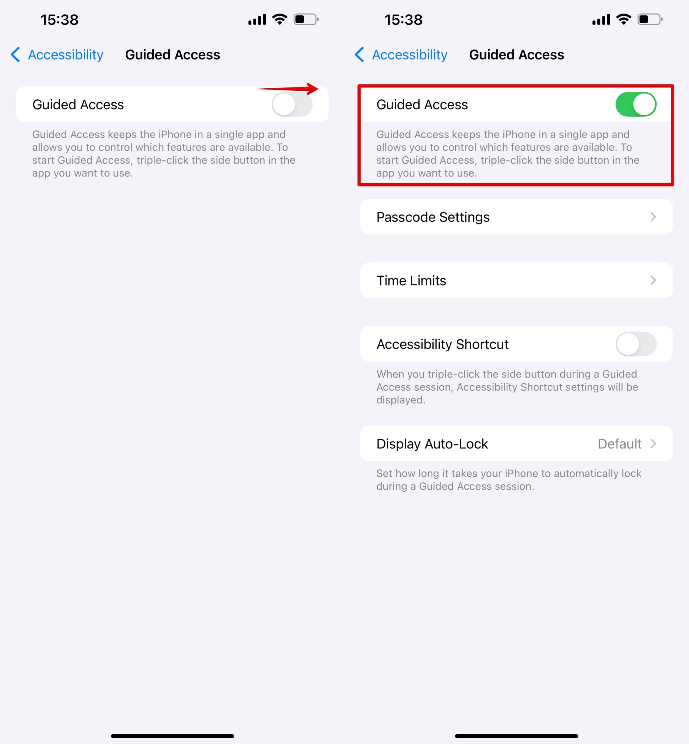 To activate Guided Access, click on the slider