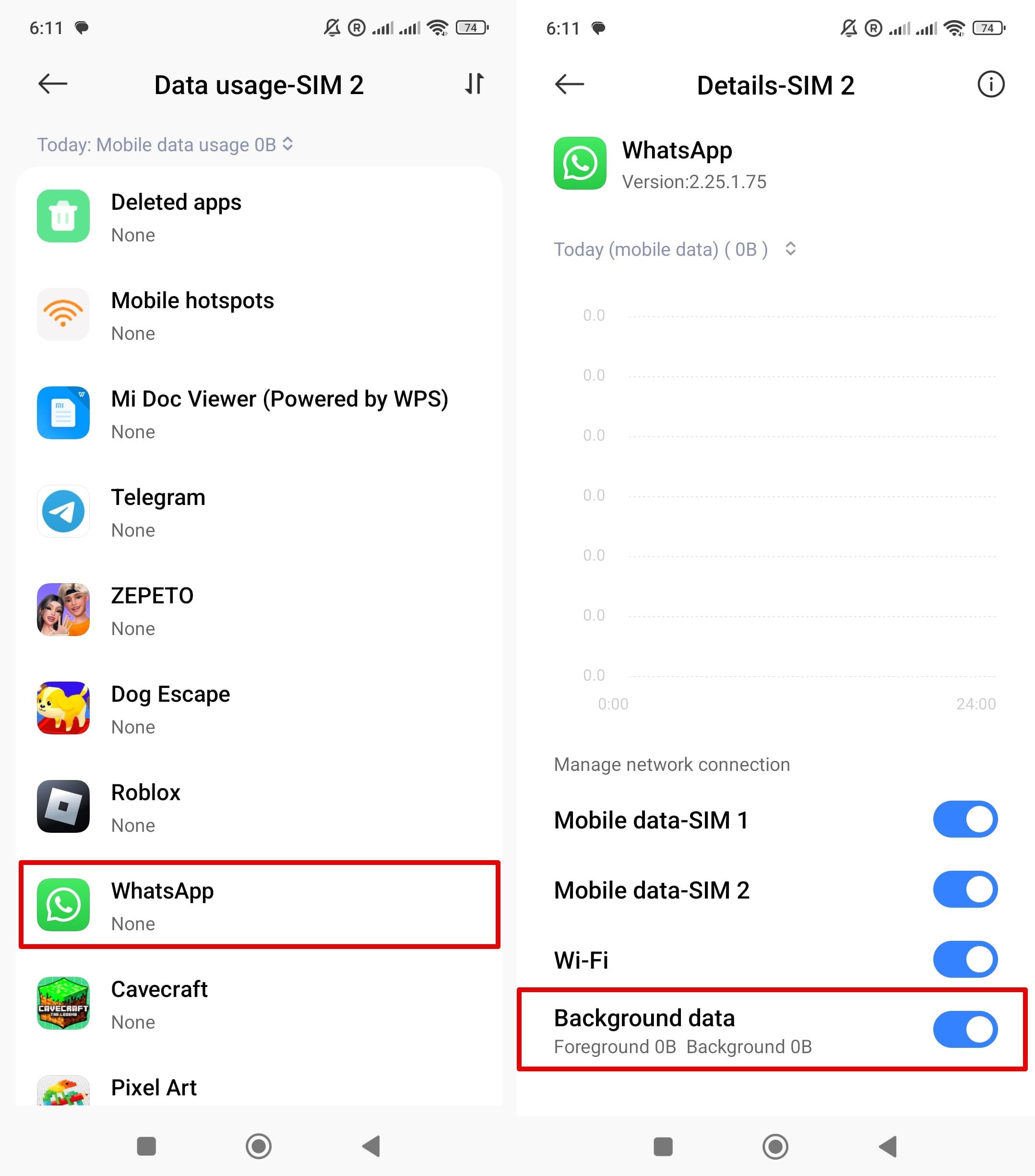 Open WhatsApp app in Data usage list and toggle background data slider.