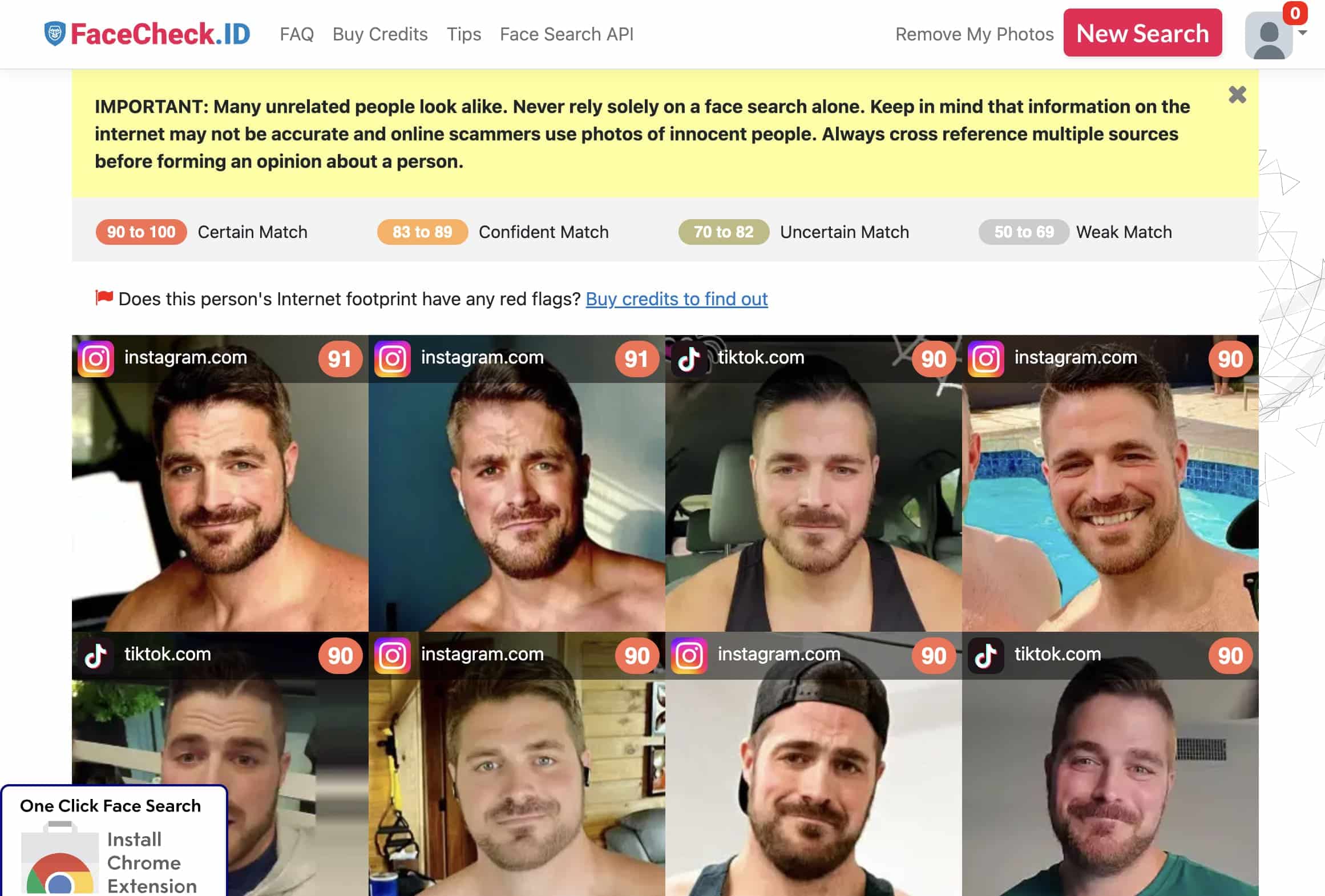 Image results on Facecheck.id showing an exact match.