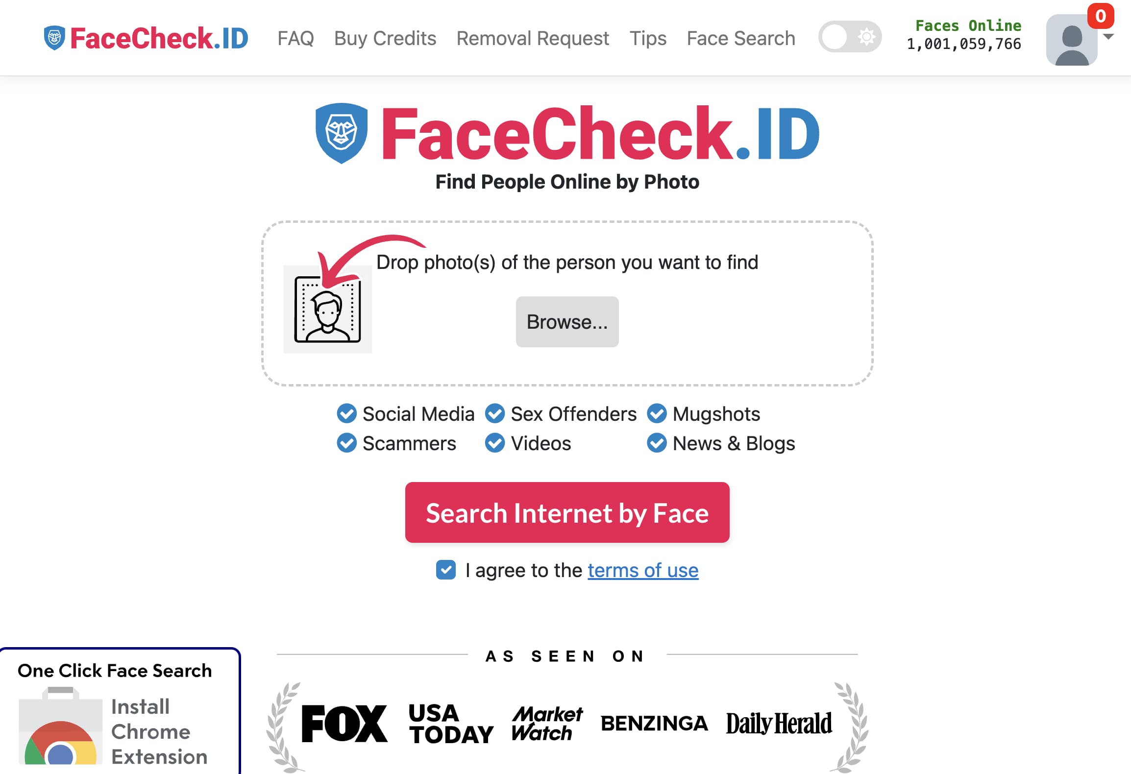 Photo upload field on the Facecheck.ID website.