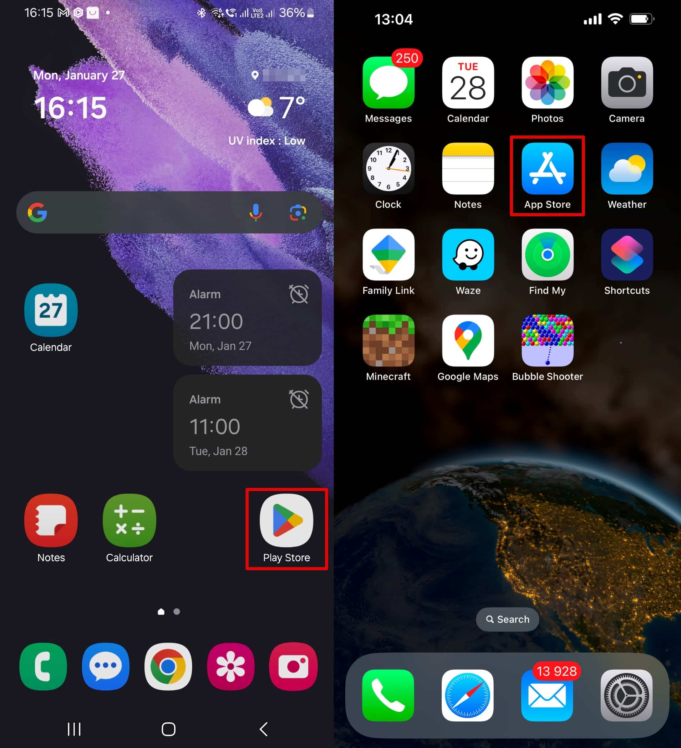 Icons on desktops: Android - Google Play Store and iPhone - App Store.