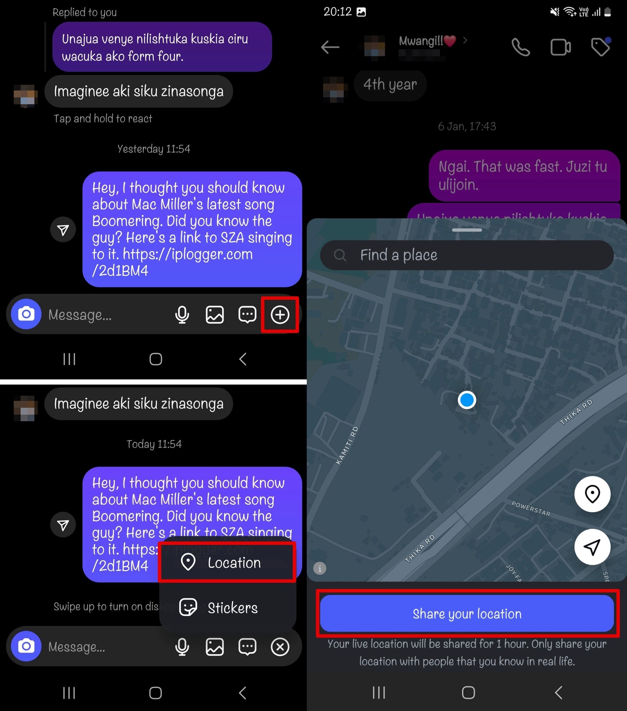 Open an Instagram chat, click plus, location, and share the location.